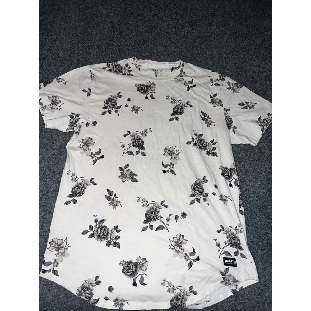 Hollister Floral T-Shirt XL White Black Curved Hem Longline Fit 100% Cotton